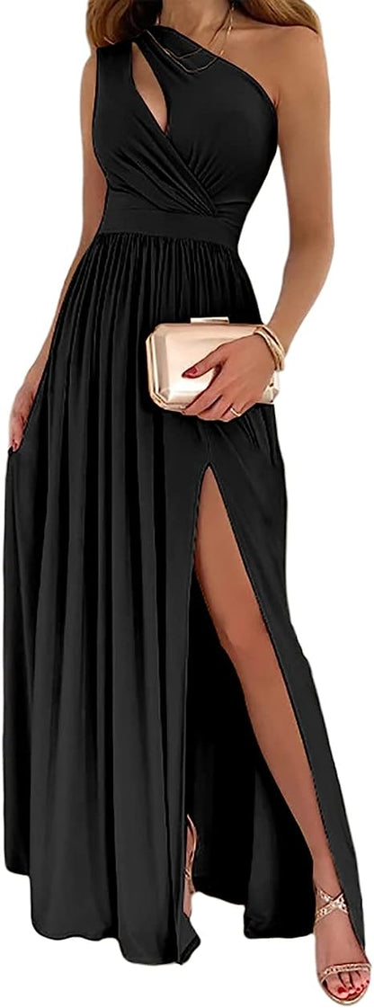 TINATII | Damen Cocktail Maxikleid One-Shoulder Schlitz Partykleid