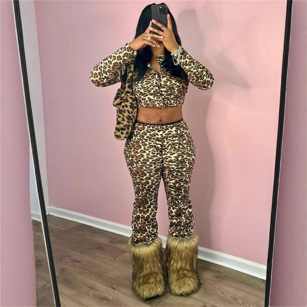 TINATII | Sexy Leoparddruck Outfit - Crop Top Hosenanzug