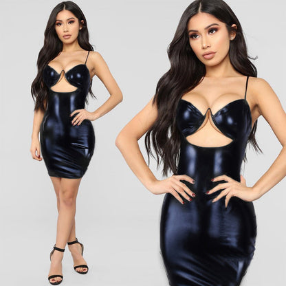 TINATII | Sexy Trägertop PU Leder Bodycon Kleid - Schwarz, Ärmellos, V-Ausschnitt