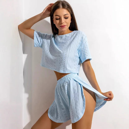 TINATII | Weißes Kurzarm Shorts Pyjama Set mit Geometrischem Muster