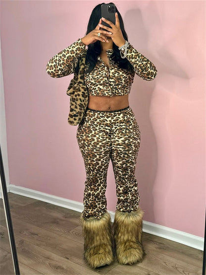 TINATII | Sexy Leoparddruck Outfit - Crop Top Hosenanzug