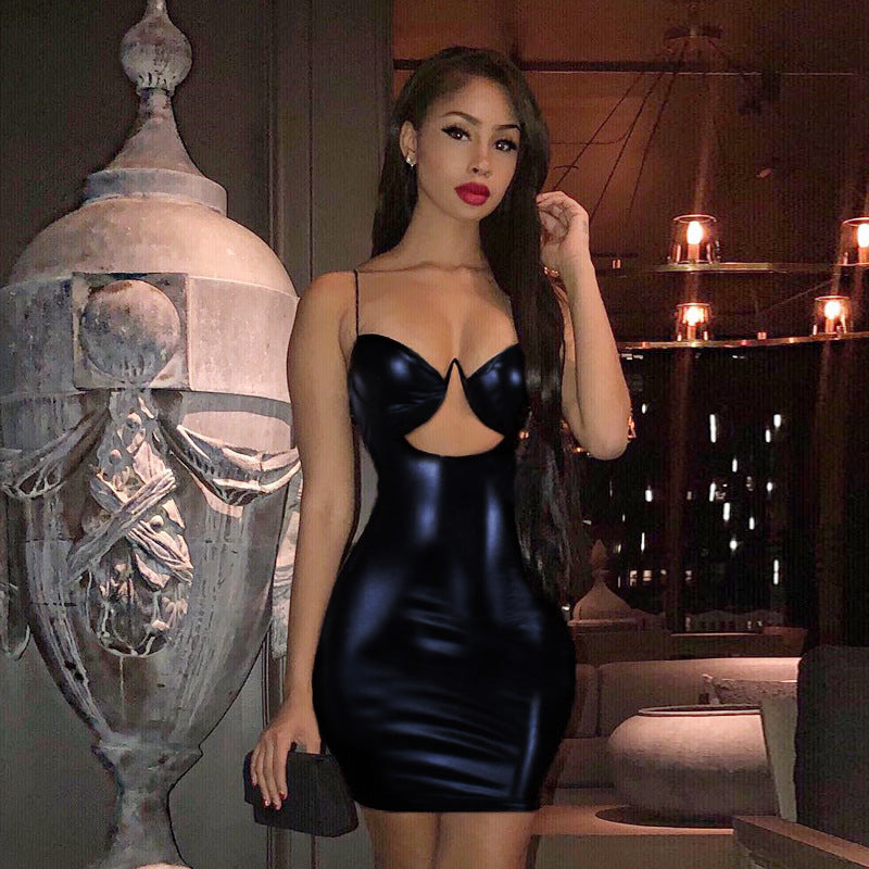 TINATII | Sexy Trägertop PU Leder Bodycon Kleid - Schwarz, Ärmellos, V-Ausschnitt