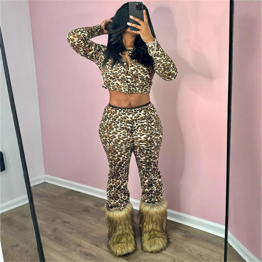 TINATII | Sexy Leoparddruck Outfit - Crop Top Hosenanzug