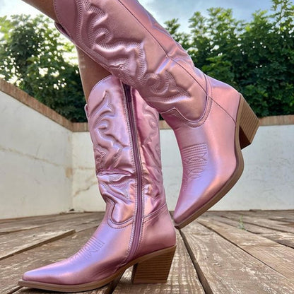 TINATII | Elegante Cowboystiefel in Rosa Metallic