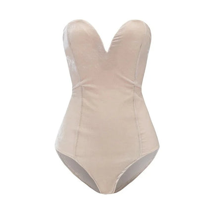 TINATII | Bordeauxroter Samt Body - Trägerloser, Sexy Damen Bodysuit