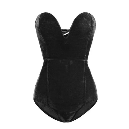 TINATII | Bordeauxroter Samt Body - Trägerloser, Sexy Damen Bodysuit