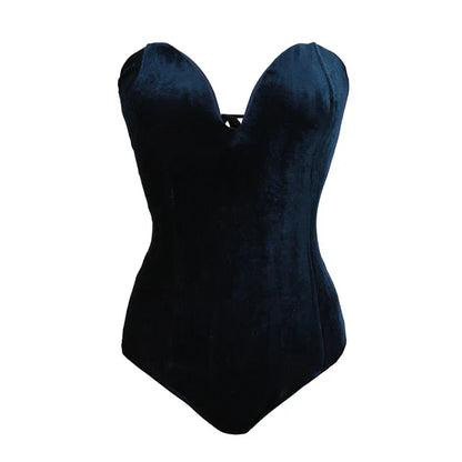 TINATII | Bordeauxroter Samt Body - Trägerloser, Sexy Damen Bodysuit