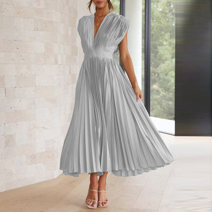 TINATII | V-Ausschnitt Kleid mit Rückenbindung – Plissiertes Midikleid im Boho Chic Stil