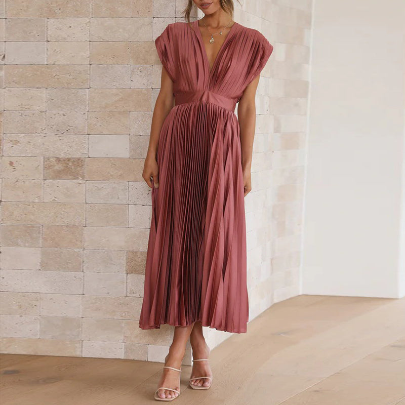 TINATII | V-Ausschnitt Kleid mit Rückenbindung – Plissiertes Midikleid im Boho Chic Stil