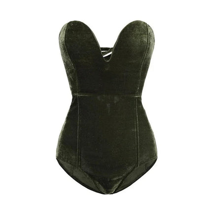 TINATII | Bordeauxroter Samt Body - Trägerloser, Sexy Damen Bodysuit