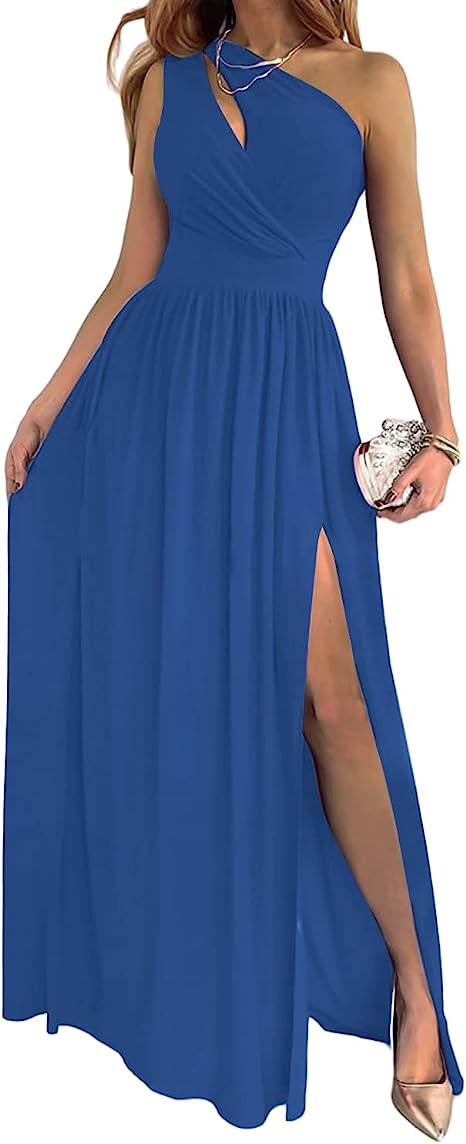 TINATII | Damen Cocktail Maxikleid One-Shoulder Schlitz Partykleid