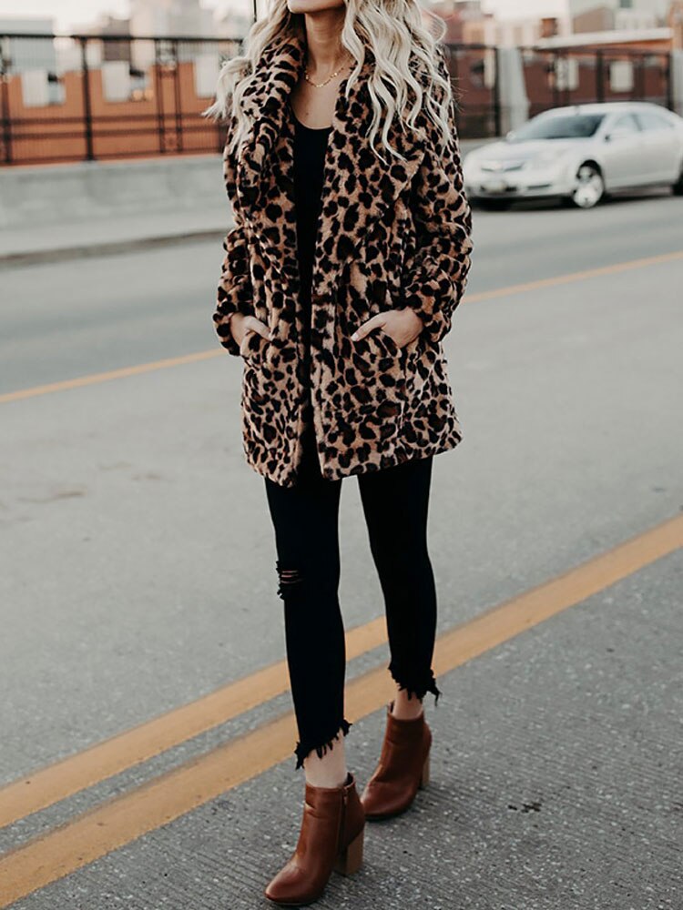 TINATII | Winter Plüsch Pelz Jacke Damen Leopard Muster