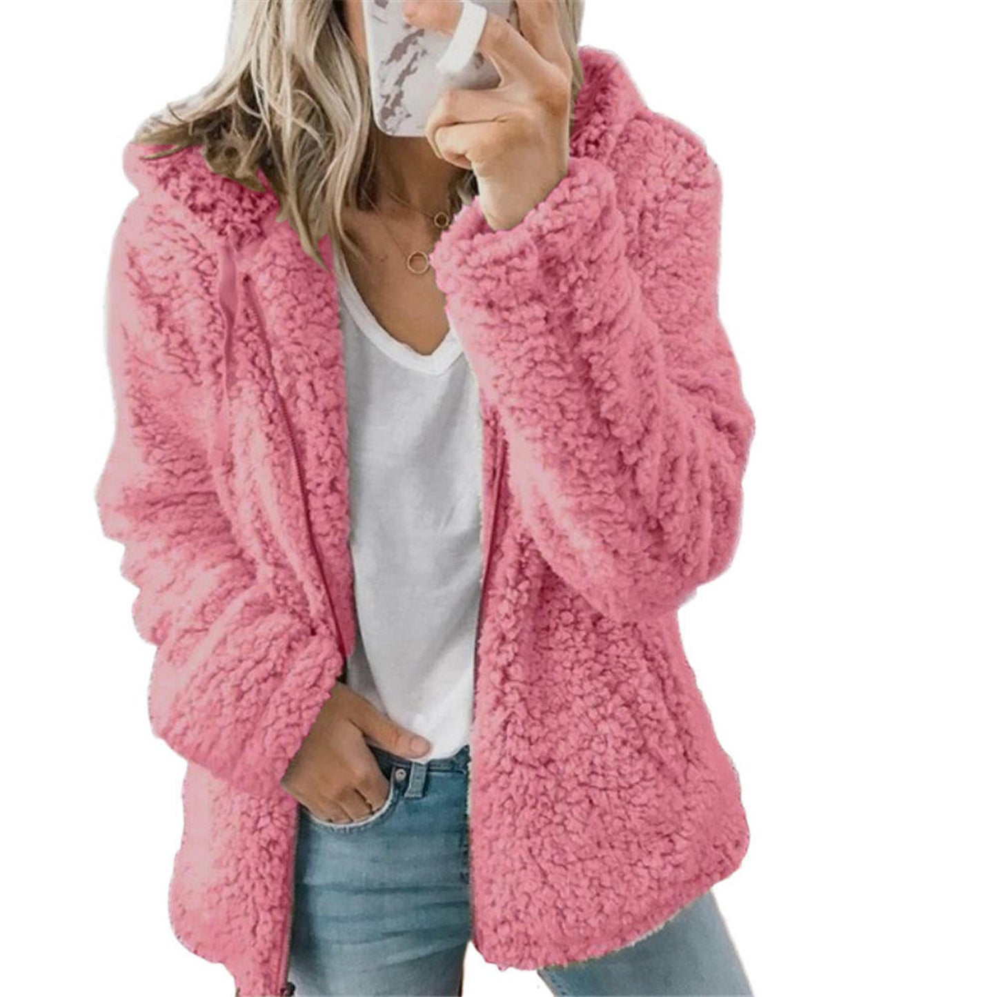 TINATII | Eleganter Damen Bären Teddy Pelzmantel: Weicher Fleece Mantel mit Taschen und Reißverschluss