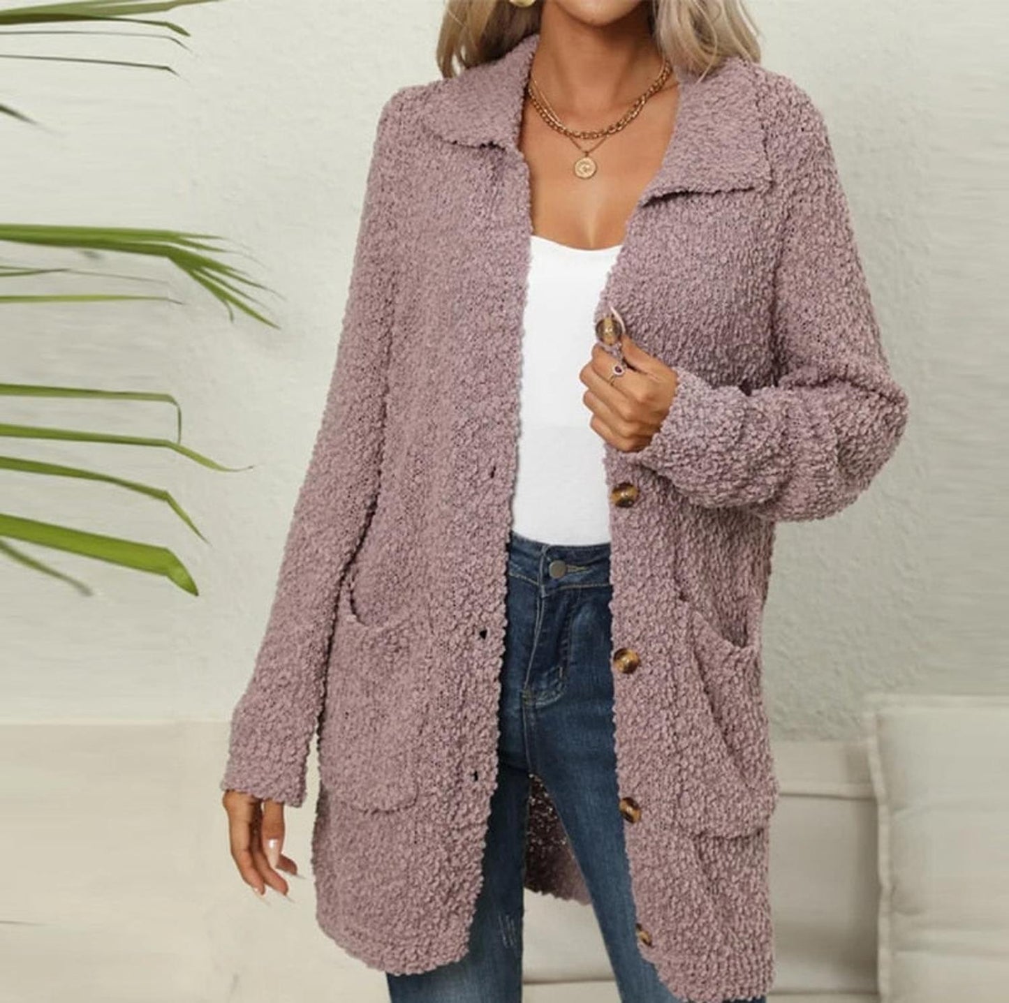 TINATII | Lange Teddy Strickjacke mit Taschen