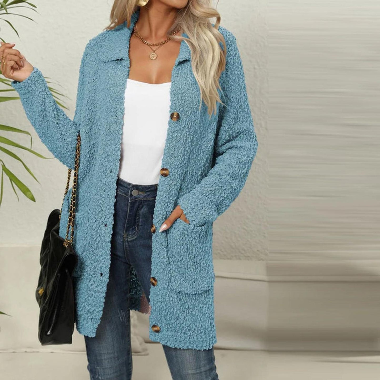 TINATII | Lässiger, einfarbiger Cardigan mit Kragen und Taschen