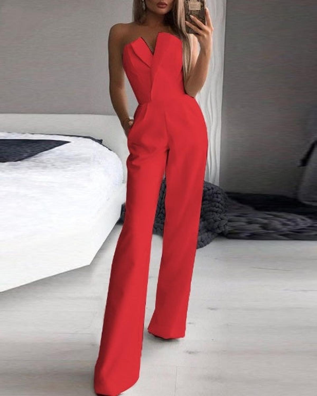 TINATII | Roter Ärmelloser Jumpsuit für Damen