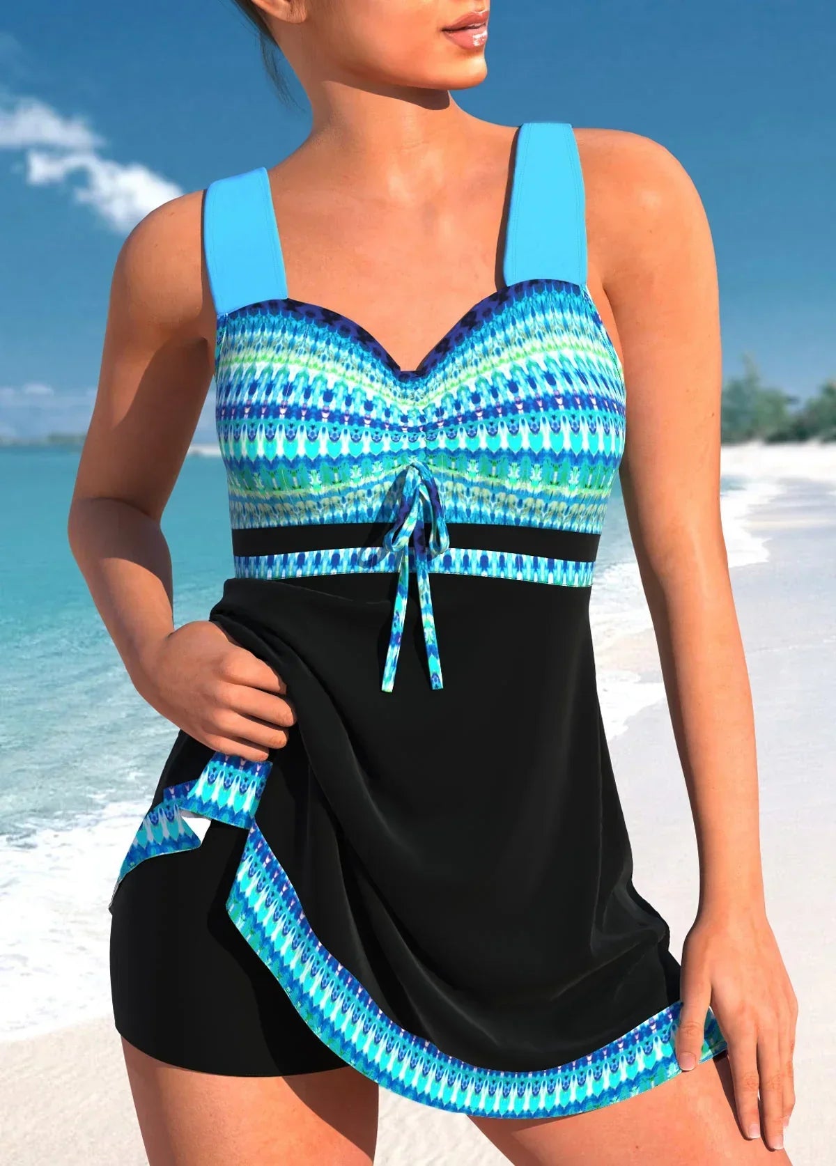 TINATII | Blauer, schmaler, leichter Patchwork-Tankini